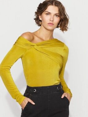 Twist Off-Shoulder Long-Sleeve Top in Mustard